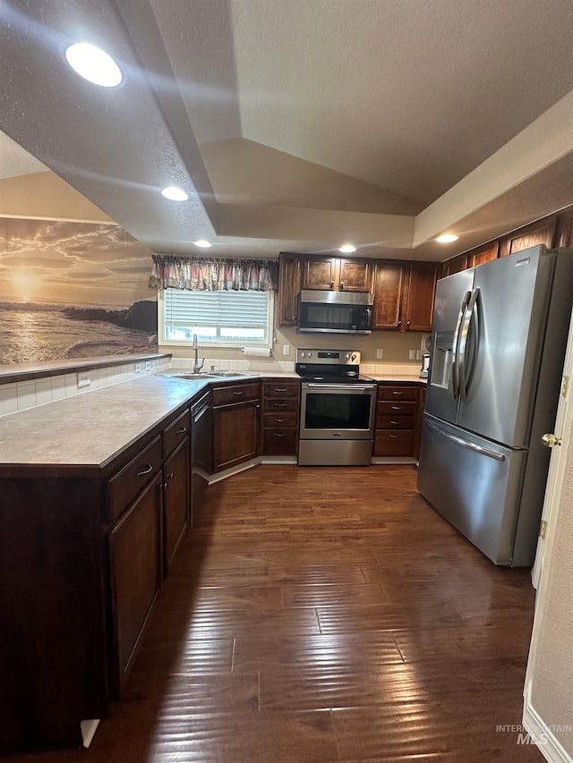 kitchen with vaulted ceiling, appliances with stainless steel finishes, sink, and dark wood-type flooring