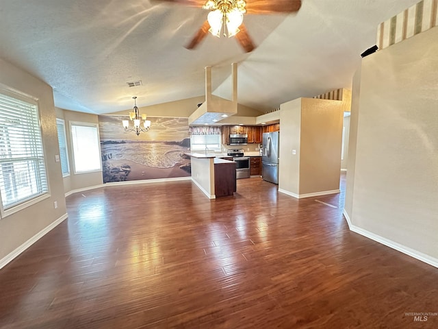 unfurnished living room with lofted ceiling, ceiling fan with notable chandelier, a textured ceiling, and dark hardwood / wood-style flooring