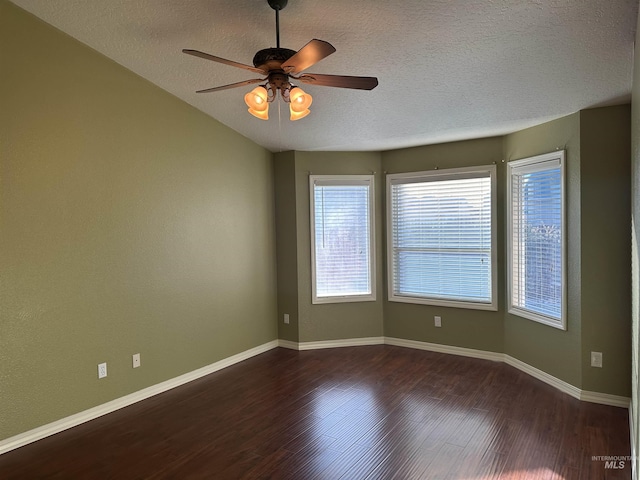 empty room featuring a wealth of natural light, a textured ceiling, and dark hardwood / wood-style flooring