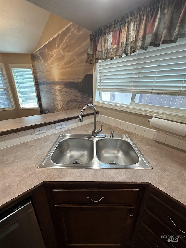 kitchen featuring dishwasher, vaulted ceiling, sink, and a wealth of natural light