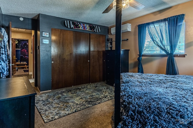 150 N 18 E, Mountain Home, ID 83647 - carpeted bedroom with an AC wall unit, a closet, a textured ceiling, and a ceiling fan