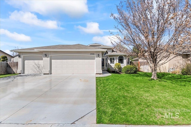 ranch-style house featuring stucco siding, fence, an attached garage, driveway, and a front lawn