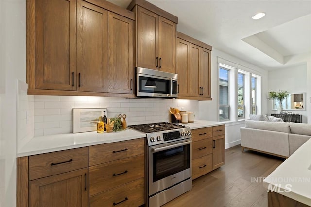 kitchen featuring decorative backsplash, appliances with stainless steel finishes, open floor plan, wood finished floors, and a tray ceiling