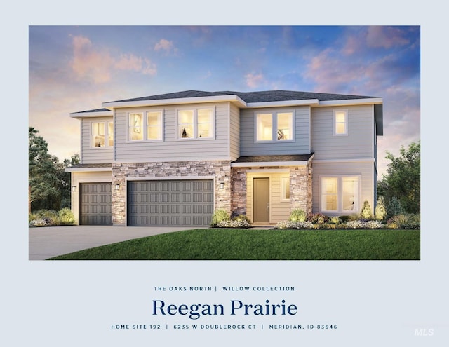 view of front of home featuring stone siding, concrete driveway, and an attached garage