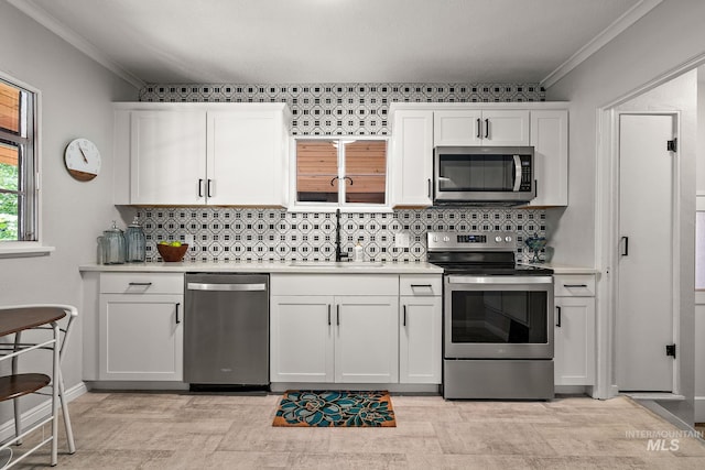 920 W Fort St, Boise, ID 83702 - kitchen featuring stainless steel appliances, a sink, ornamental molding, white cabinetry, and decorative backsplash