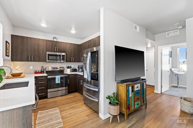 3480 N Prospect Ln, Garden City, ID 83714 - kitchen with light countertops, a sink, stainless steel appliances, visible vents, and dark brown cabinets