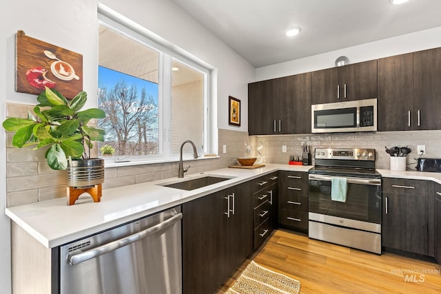 3480 N Prospect Ln, Garden City, ID 83714 - kitchen featuring light countertops, a sink, tasteful backsplash, appliances with stainless steel finishes, and light wood-type flooring