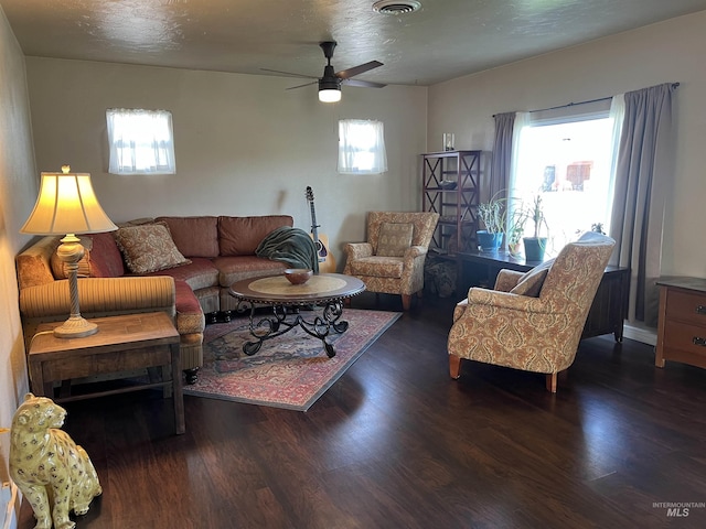 140 3rd St, Grand View, ID 83624 - living room with wood finished floors, ceiling fan, and visible vents