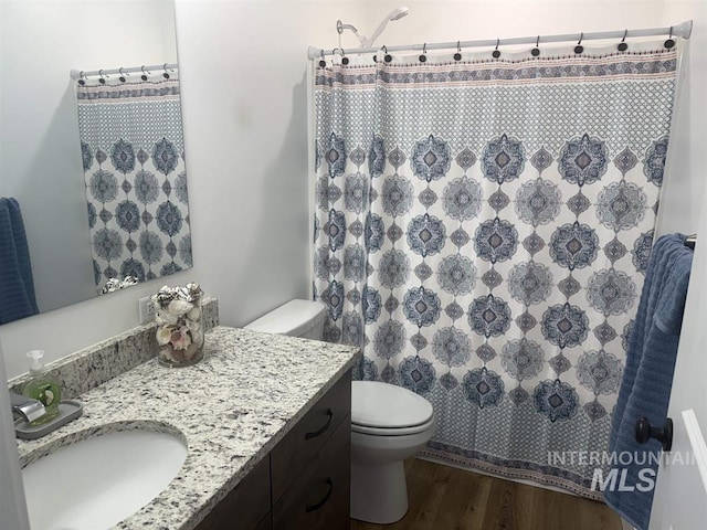 bathroom featuring vanity, curtained shower, toilet, and wood finished floors