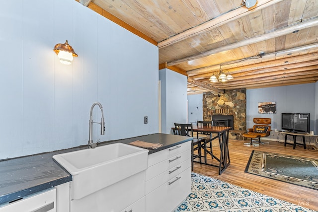 995 Cedar Crest Dr, Mccall, ID 83638 - kitchen with a sink, beam ceiling, wooden ceiling, white cabinetry, and dark countertops