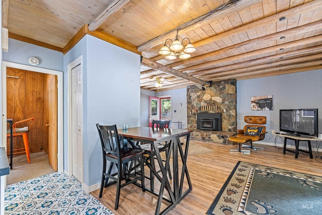 995 Cedar Crest Dr, Mccall, ID 83638 - dining area with baseboards, beam ceiling, wood ceiling, and wood finished floors
