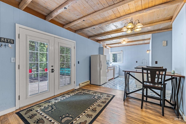 995 Cedar Crest Dr, Mccall, ID 83638 - interior space with washing machine and dryer, wooden ceiling, baseboard heating, and french doors