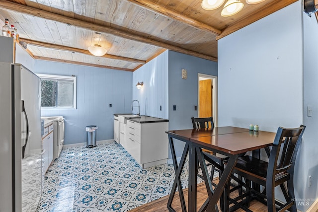 995 Cedar Crest Dr, Mccall, ID 83638 - kitchen featuring freestanding refrigerator, wooden ceiling, a sink, white cabinetry, and beamed ceiling