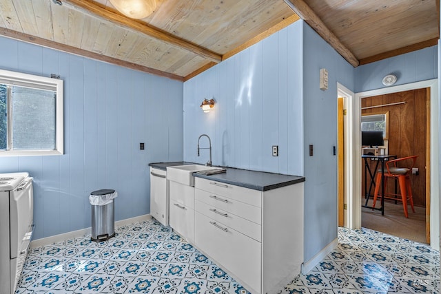 995 Cedar Crest Dr, Mccall, ID 83638 - kitchen featuring washing machine and clothes dryer, dark countertops, a sink, and wood ceiling