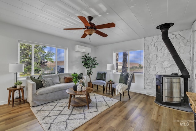 240 W Valley Rd, Hagerman, ID 83332 - living area with a wood stove, a wall mounted AC, plenty of natural light, and wood finished floors