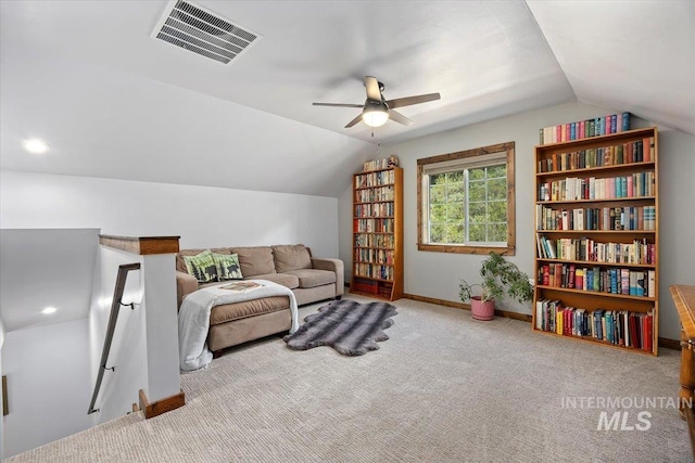 1010 N Hidden Pine Rd, Pine, ID 83647 - living area featuring vaulted ceiling, carpet, a ceiling fan, and baseboards