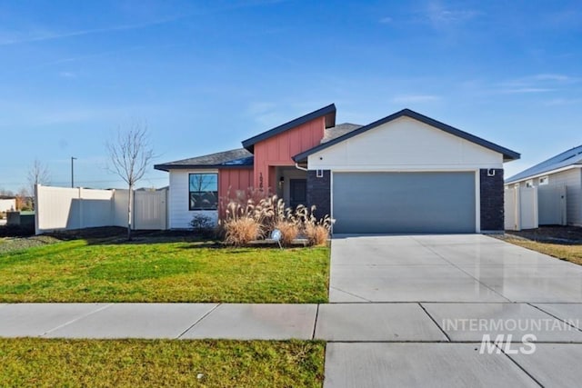 ranch-style house with a garage and a front lawn