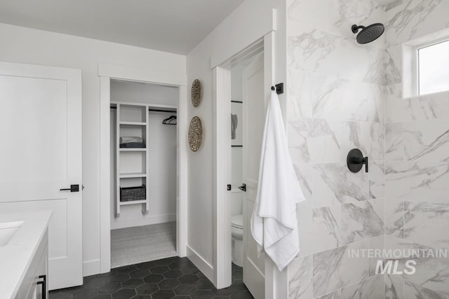 2005 W Freya Ct, Eagle, ID 83616 - full bathroom with a tile shower, toilet, a spacious closet, and vanity