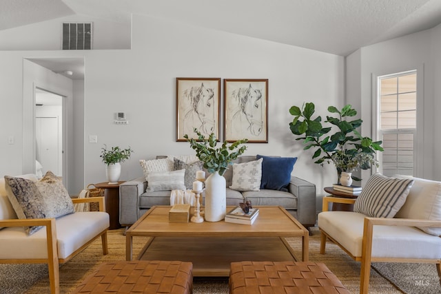 living room with lofted ceiling