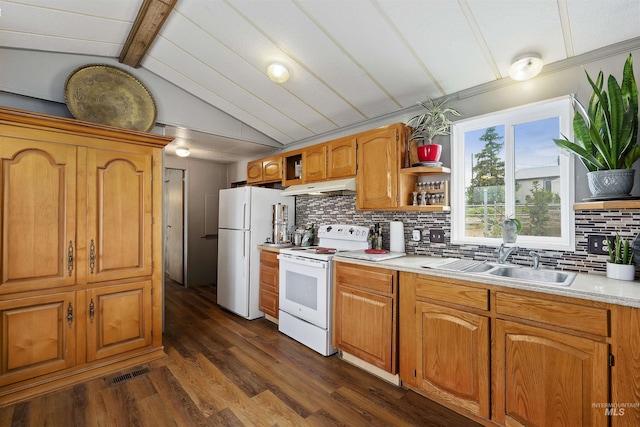 104 Poverty Ln, West Magic, ID 83352 - kitchen with white appliances, decorative backsplash, under cabinet range hood, open shelves, and light countertops