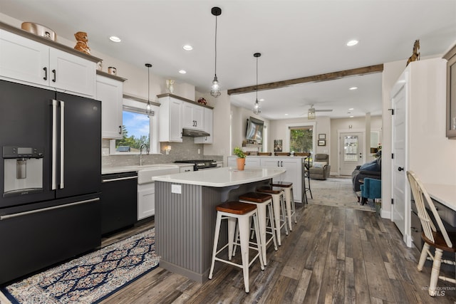 894 Main St, Star, ID 83669 - kitchen with black appliances, open floor plan, under cabinet range hood, a ceiling fan, and dark wood-type flooring