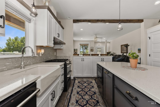 894 Main St, Star, ID 83669 - kitchen featuring dishwashing machine, a ceiling fan, recessed lighting, range with two ovens, and backsplash