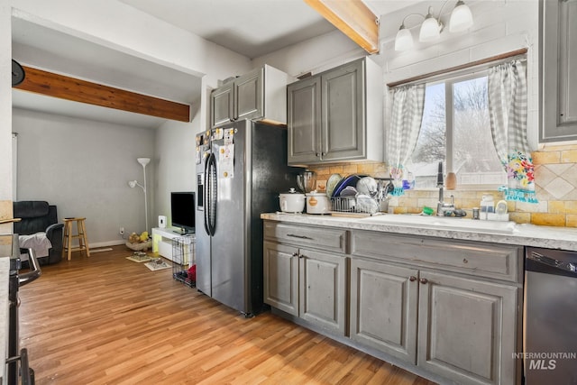 909 Victoria Ave, Fruitland, ID 83619 - kitchen featuring a sink, beamed ceiling, appliances with stainless steel finishes, gray cabinetry, and tasteful backsplash