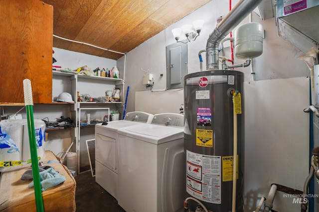 909 Victoria Ave, Fruitland, ID 83619 - clothes washing area featuring gas water heater, washing machine and dryer, electric panel, and wooden ceiling