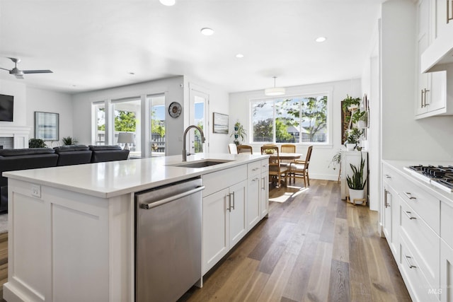 5916 S Wayland Way, Meridian, ID 83642 - kitchen featuring appliances with stainless steel finishes, a sink, wood finished floors, white cabinetry, and ceiling fan