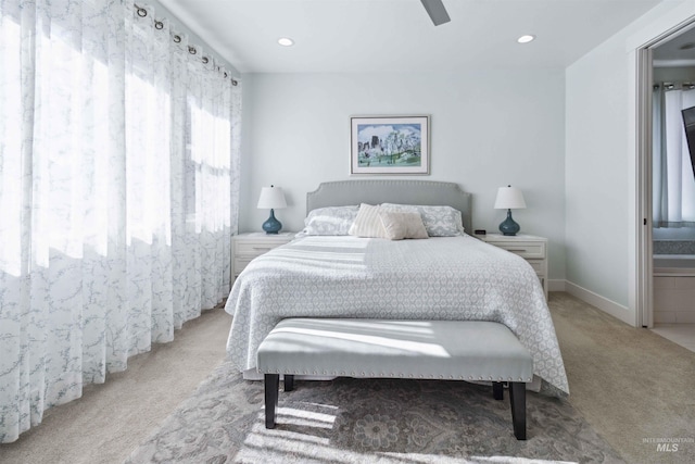 5916 S Wayland Way, Meridian, ID 83642 - carpeted bedroom featuring baseboards, ceiling fan, recessed lighting, and connected bathroom