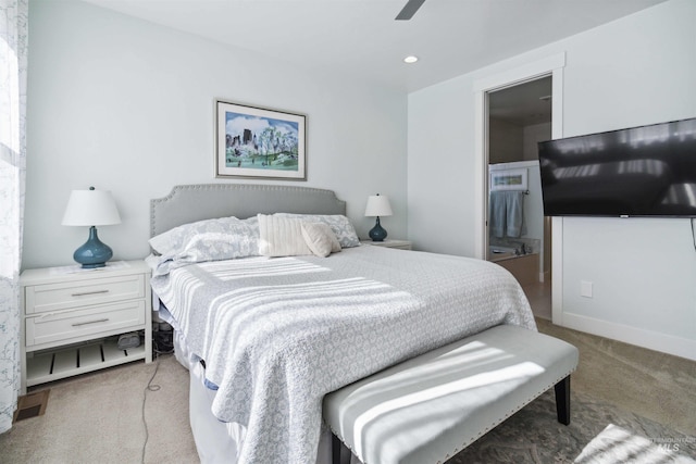 5916 S Wayland Way, Meridian, ID 83642 - bedroom with light colored carpet, ensuite bathroom, ceiling fan, and recessed lighting