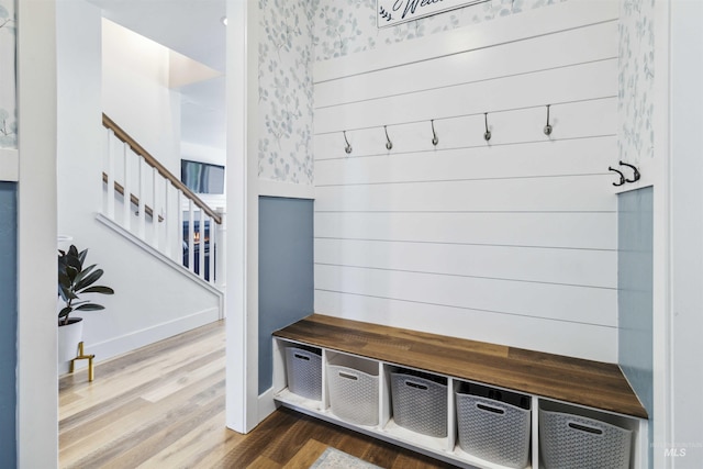 5916 S Wayland Way, Meridian, ID 83642 - mudroom with wood finished floors and wallpapered walls