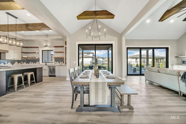 1580 Clear Creek Loop, Twin Falls, ID 83301 - dining room featuring a chandelier, beamed ceiling, high vaulted ceiling, recessed lighting, and light wood-type flooring