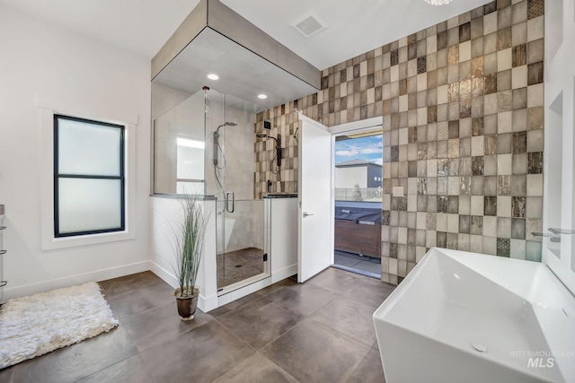1580 Clear Creek Loop, Twin Falls, ID 83301 - full bathroom with a shower stall, a soaking tub, baseboards, vanity, and recessed lighting
