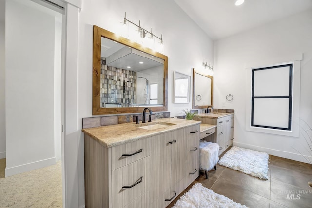 1580 Clear Creek Loop, Twin Falls, ID 83301 - full bathroom featuring baseboards, two vanities, a tile shower, and recessed lighting