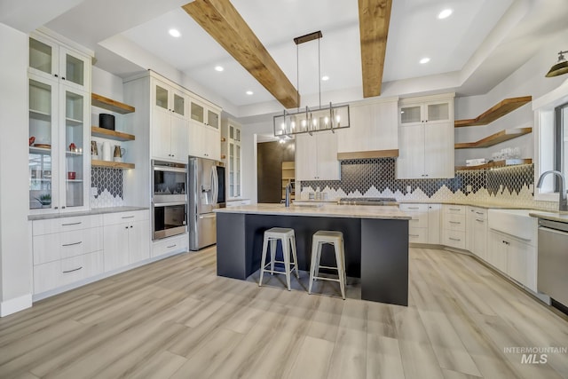 1580 Clear Creek Loop, Twin Falls, ID 83301 - kitchen featuring open shelves, stainless steel appliances, a sink, tasteful backsplash, and beam ceiling