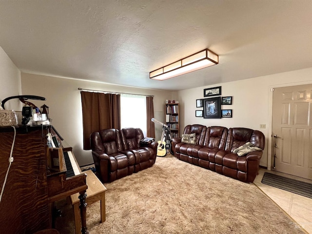 carpeted living area with a textured ceiling