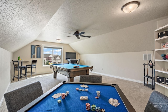 game room with billiards, ceiling fan, carpet floors, and a textured ceiling