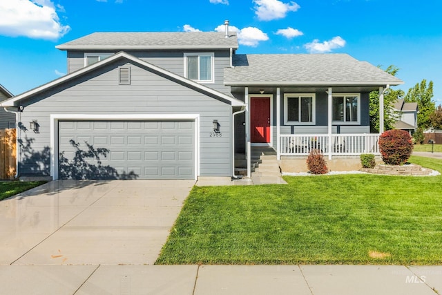 tri-level home with covered porch, driveway, a garage, a front lawn, and a shingled roof