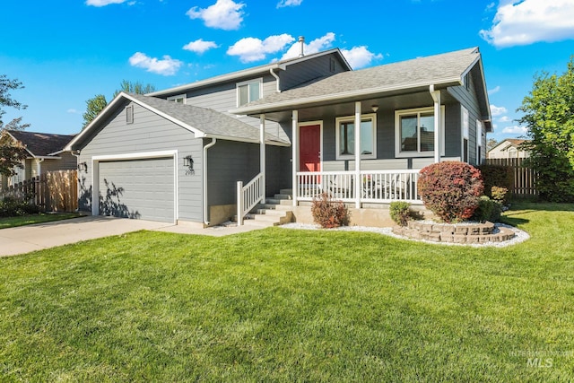 view of front of home with a porch, an attached garage, concrete driveway, and a shingled roof