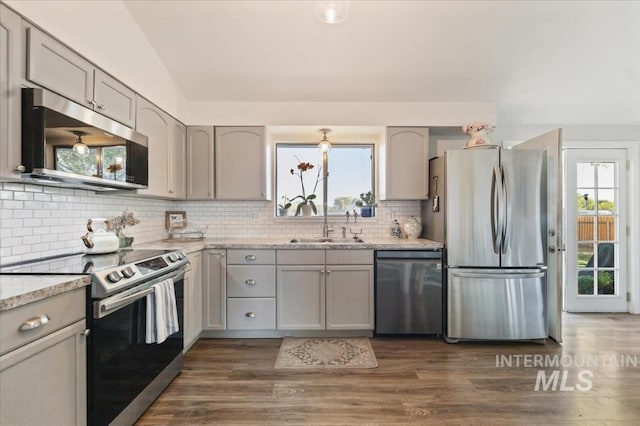 kitchen featuring appliances with stainless steel finishes, a sink, gray cabinets, backsplash, and dark wood finished floors
