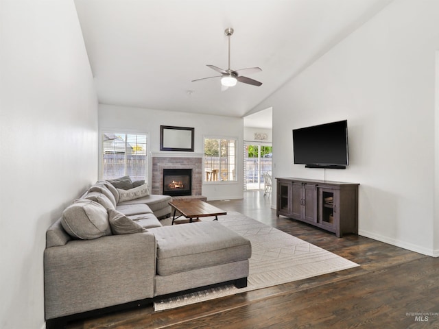 695 W Riodosa, Meridian, ID 83642 - living area with ceiling fan, baseboards, high vaulted ceiling, a fireplace, and dark wood-style floors