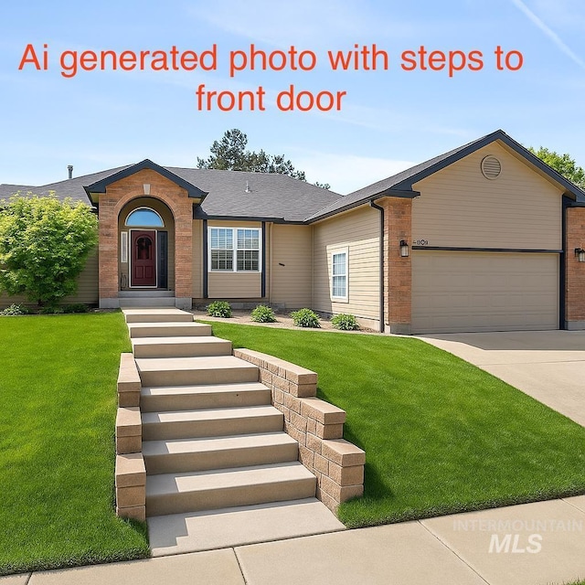 695 W Riodosa, Meridian, ID 83642 - view of front of property with an attached garage, a front yard, driveway, and brick siding