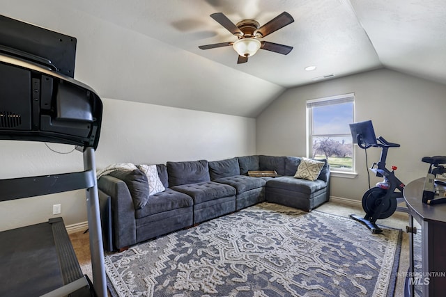 4049 Quail Ridge Dr, Kimberly, ID 83341 - carpeted living room with visible vents, baseboards, a ceiling fan, and lofted ceiling