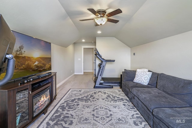 4049 Quail Ridge Dr, Kimberly, ID 83341 - living room with ceiling fan, light colored carpet, baseboards, and lofted ceiling