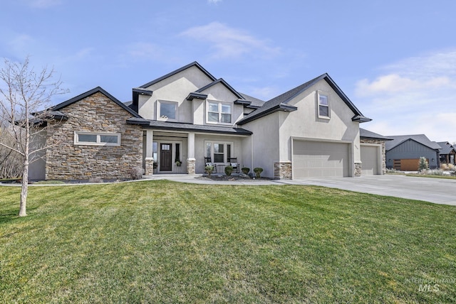 4049 Quail Ridge Dr, Kimberly, ID 83341 - view of front of home with a garage, stucco siding, stone siding, and a front yard