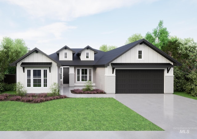 modern inspired farmhouse featuring a front yard, driveway, brick siding, a garage, and board and batten siding