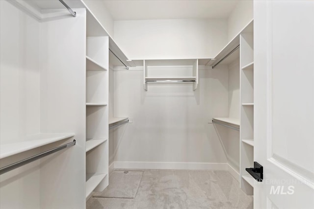 walk in closet featuring light carpet