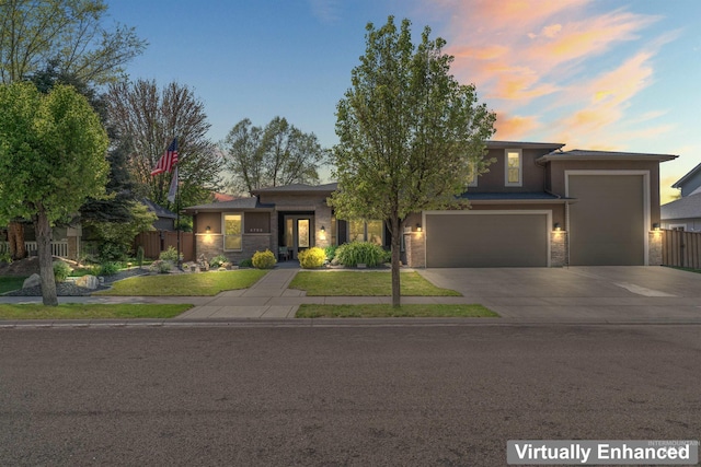 4763 S Skyridge Way, Boise, ID 83709 - prairie-style house with a garage, concrete driveway, and stone siding
