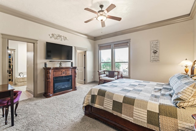 4763 S Skyridge Way, Boise, ID 83709 - bedroom with ornamental molding, light colored carpet, a glass covered fireplace, baseboards, and ceiling fan